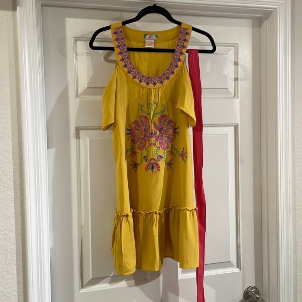 Flying Tomato Mustard Cold Shoulder Embroidered Dress